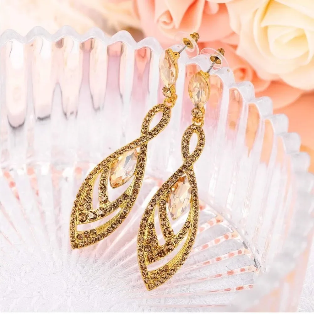 Yellow Gold with Champagne Topaz Austrian Crystal Twisted Chandelier Earrings